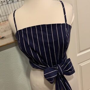WAYF Navy Blue & White Pinstripe Wrap-Around Crop Top • Sz M • NWT!